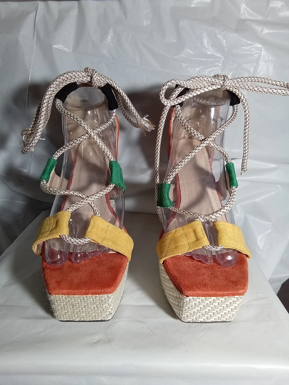 Block Heel Colorblock Espadrille Platform Sandals. Yellow, Green & Orange